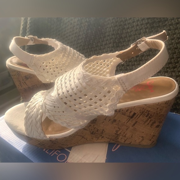 Jellypop Shoes - Jelly Pop HESTIA Wedge Platform Sandals Woven White Canvas Ankle Strap; Size 8.5